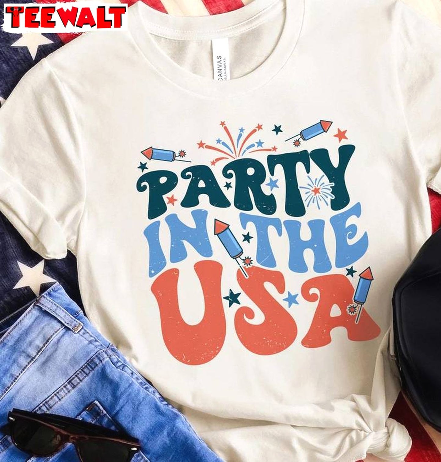 Cool Design Party In The Usa Shirt, Groovy Memorial Day Crewneck Long Sleeve