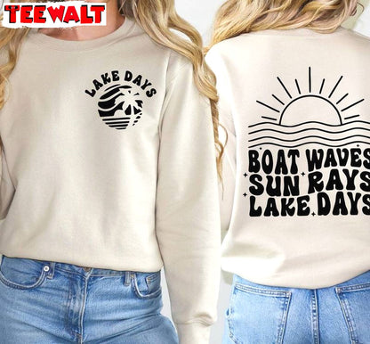 Limited Boat Waves Sun Rays Lake Days Shirt, Modern Boat Trip Crewneck Long Sleeve