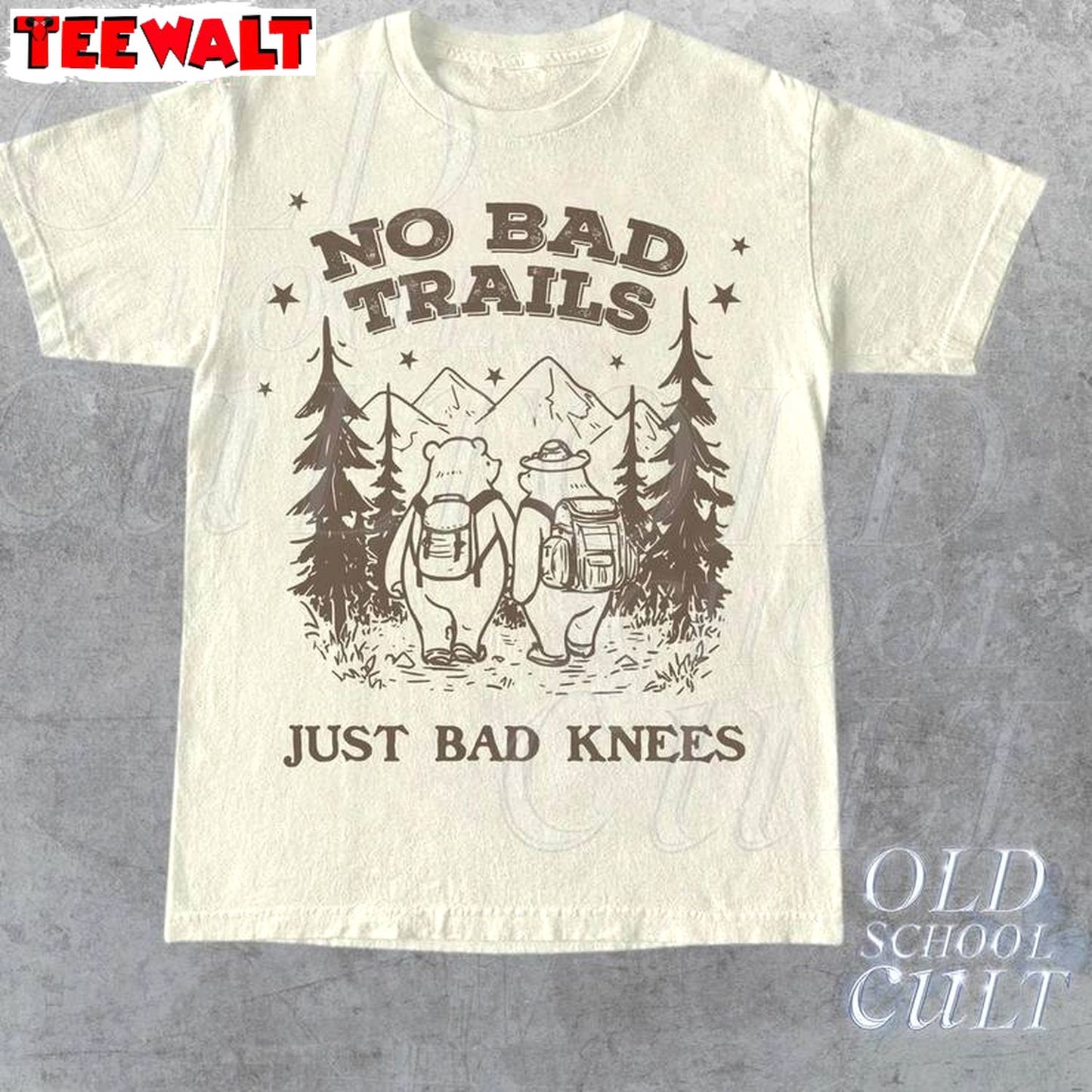 Cute Bears Hiking Vintage T Shirt, Groovy No Bad Trails Just Bad Knees Shirt Long Sleeve