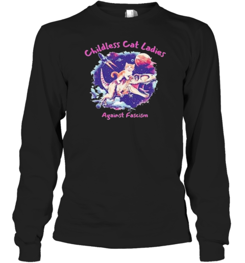 Cat Riding A Dinosaur Childless Cat Ladies Against Fascism Kamala Harris 2024 Female President T-Shirt