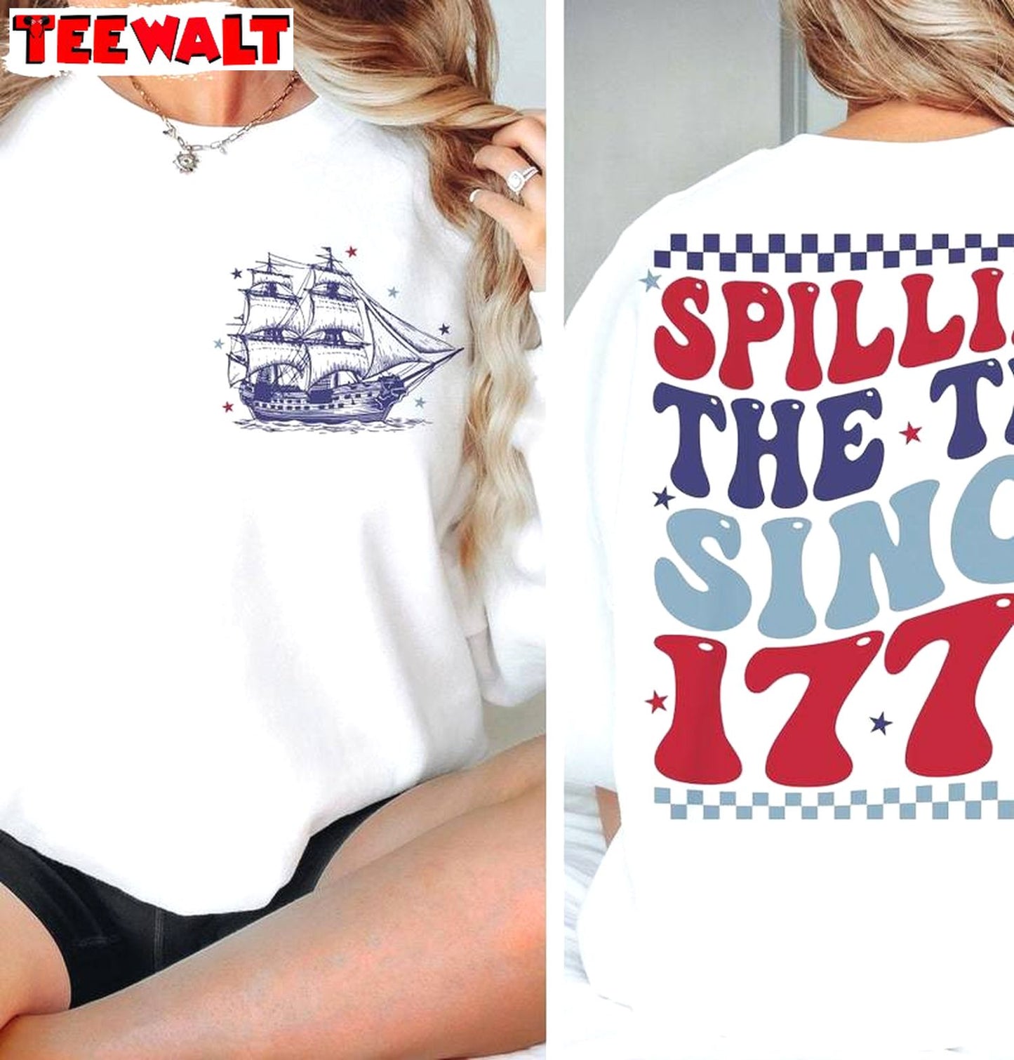 Spilling Tea Since 1773 Unique Shirt, Groovy 4th Of July Crewneck Long Sleeve