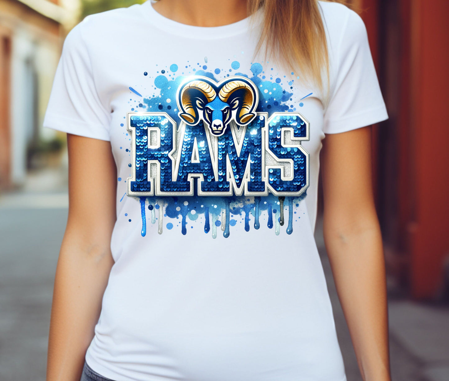 Rams Mascot Sport Game Day T-Shirt Design With Blue Sequins