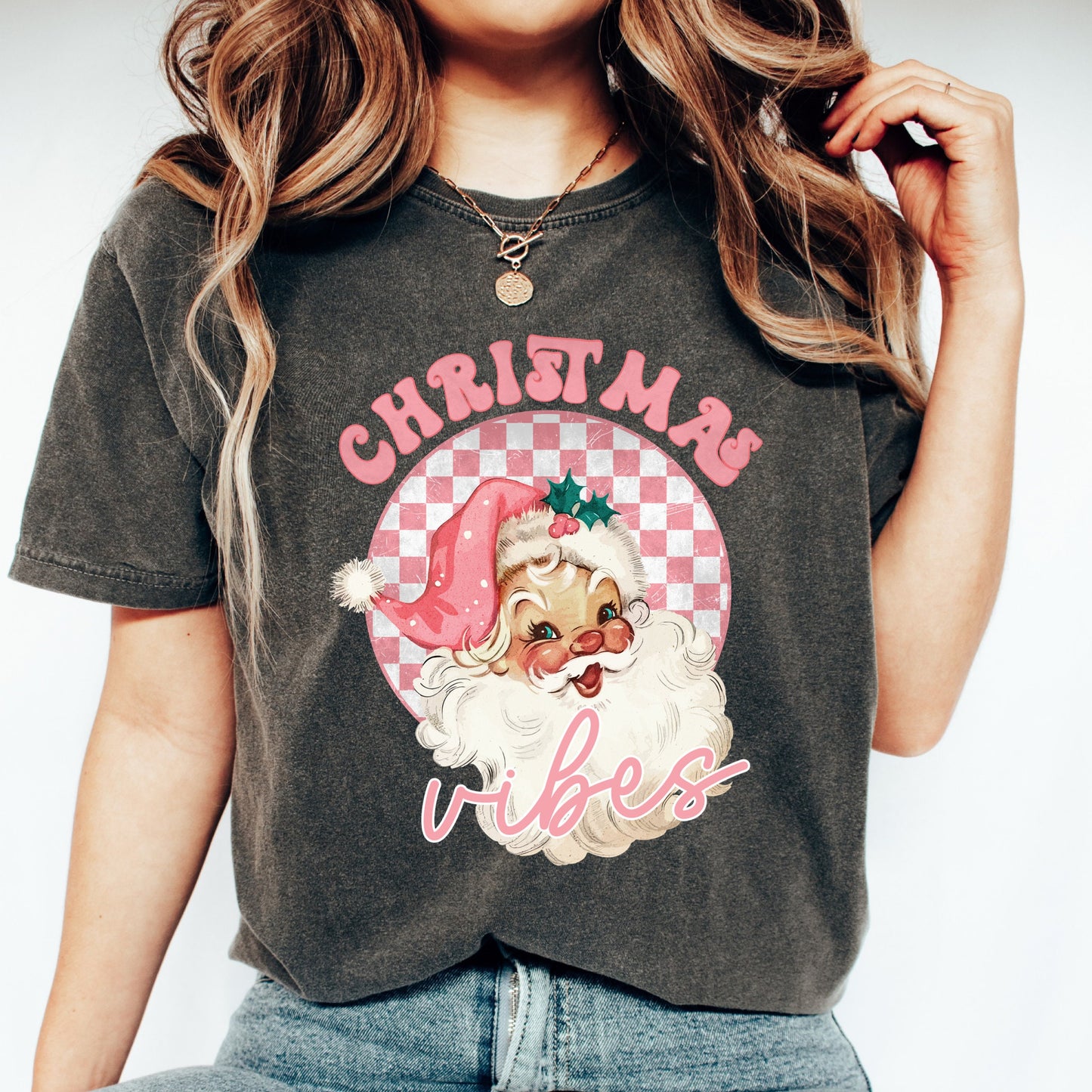 Pink Santa Retro Christmas Vibes Tee For Women