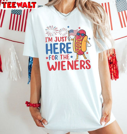 Funny Hot Dog Independence Short Sleeve , Trendy Just Here For The Wieners Shirt Crewneck