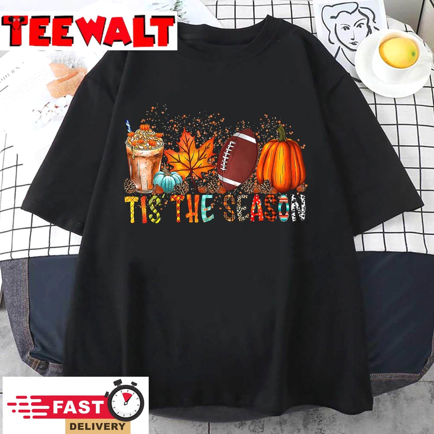 Tis' The Season Leopard Pumpkin Football Halloween Fall T-Shirt