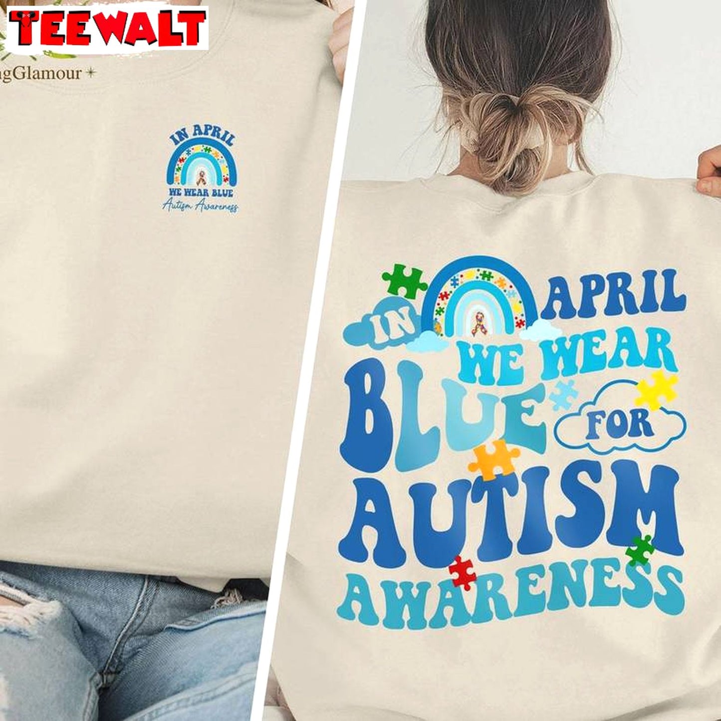 In April We Wear Blue For Autism Awareness Shirt, Colorful Short Sleeve T-shirt