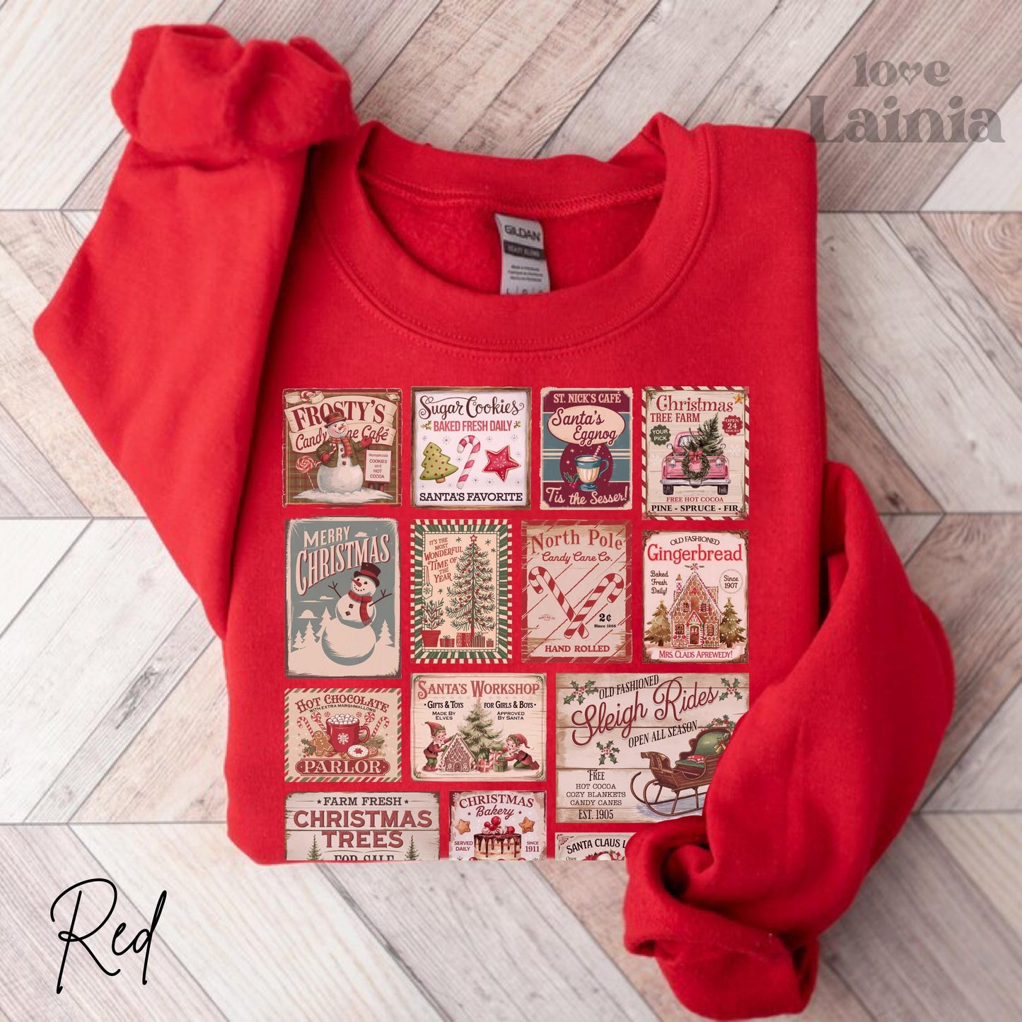 Vintage Christmas Sweatshirt, Santa Claus Tree & Stamps