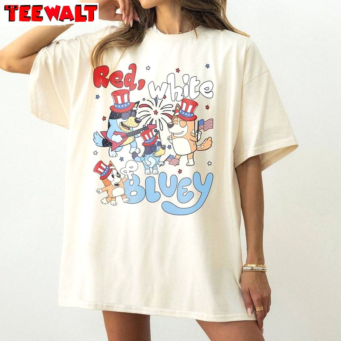 Comfort Red White And Bluey Shirt, Vintage Bluey 4th Of July Short Sleeve Crewneck