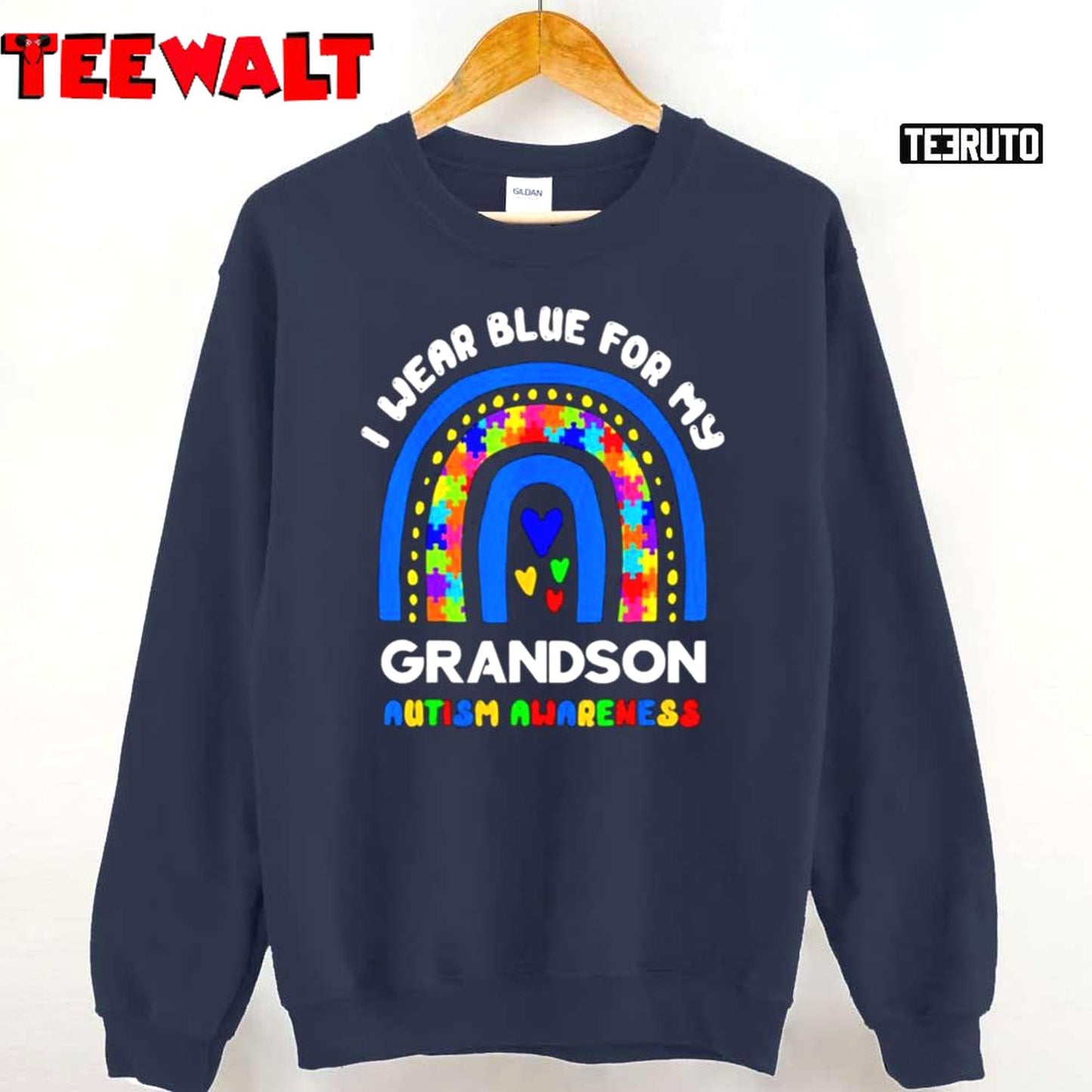 Funny I Wear Blue For My Grandson Autism Awareness Rainbow Puzzle Unisex T-Shirt