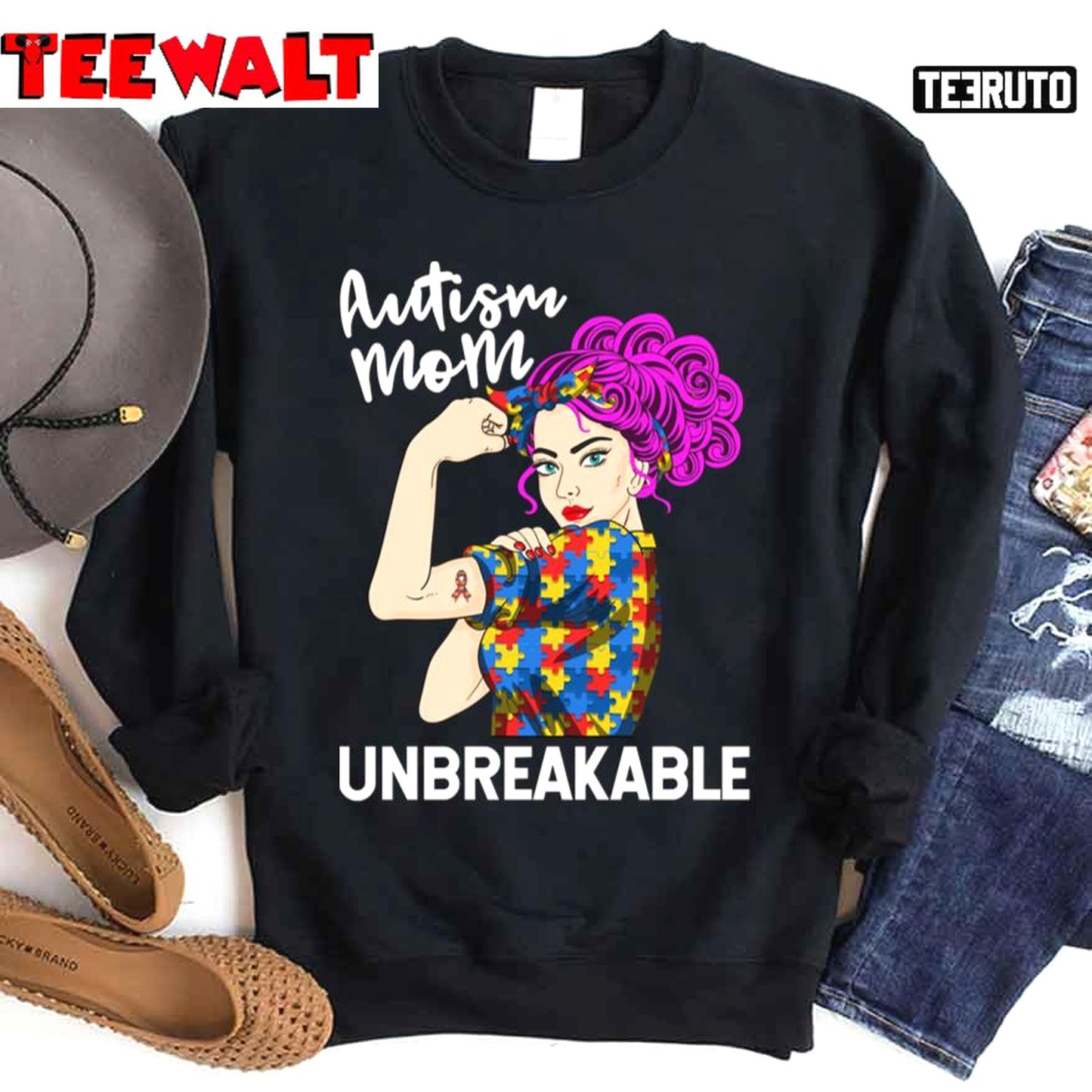 Unbreakable Autism Mom Puzzle Ribbon Unisex Sweatshirt