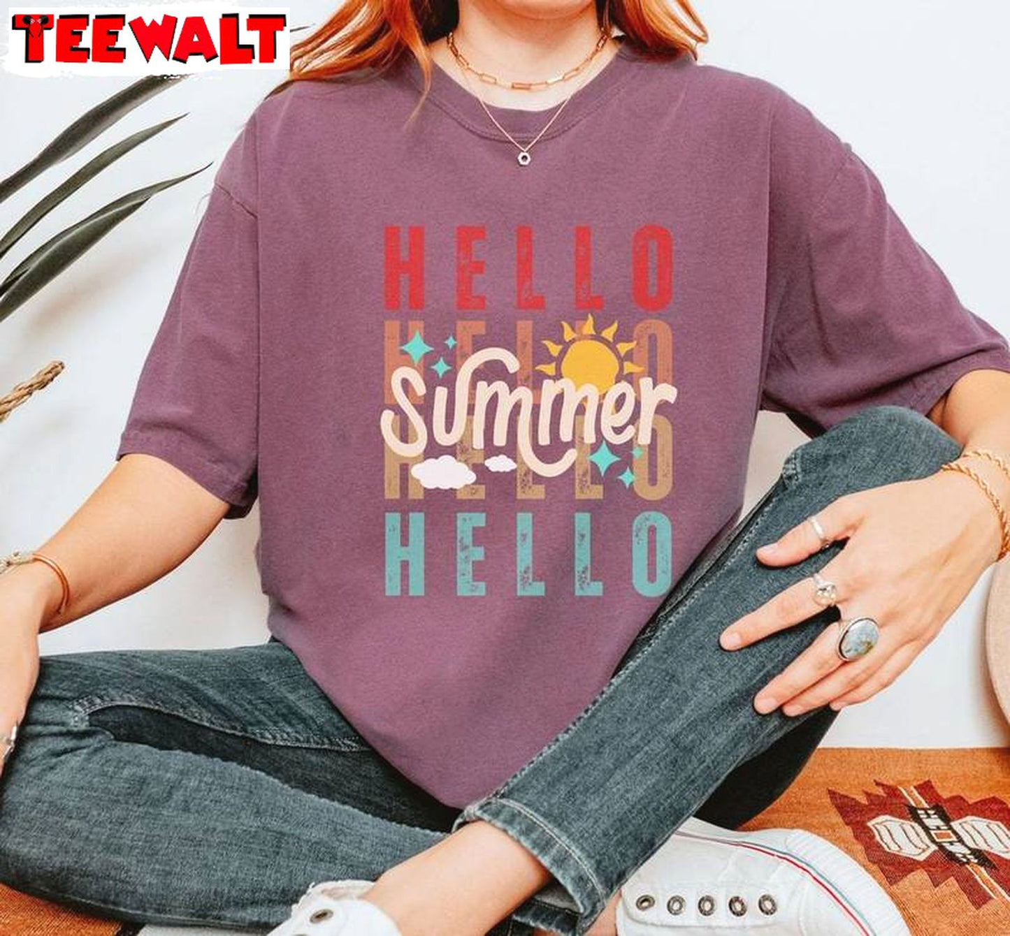 Comfort Colors Hello Summer Shirt, Retro Sunset Unisex T Shirt Long Sleeve