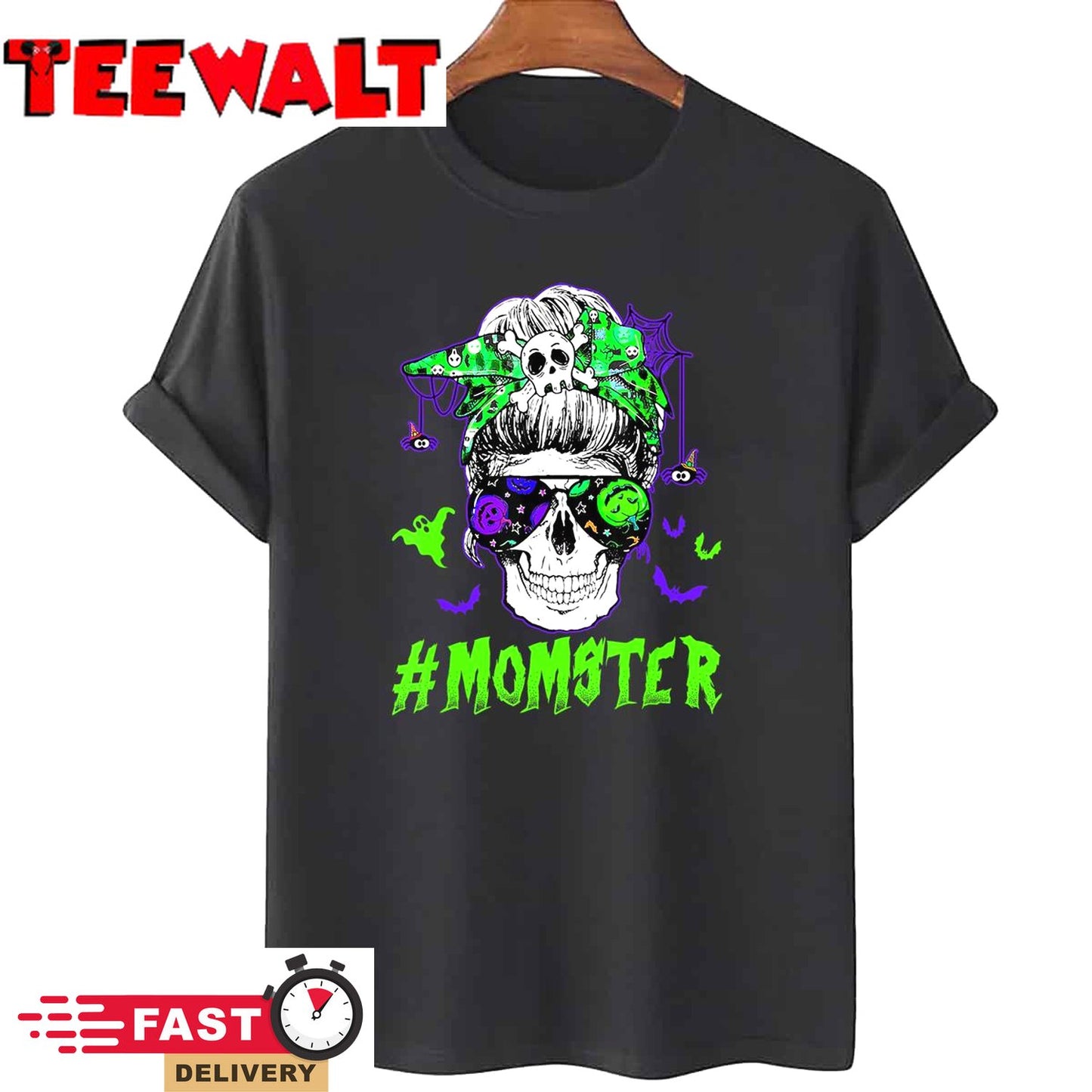 Momster Halloween Costume Skull Mom Messy Hair Bun Monster T-Shirt