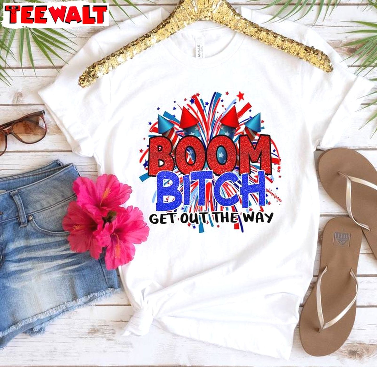 New Rare Boom Bitch Get Out The Way Shirt, Funny Fireworks Short Sleeve Crewneck