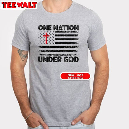 Limited One Nation Under God Shirt, American Flag With Cross Short Sleeve Crewneck