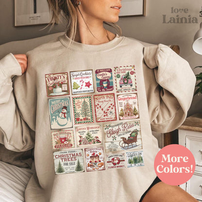 Vintage Christmas Sweatshirt, Santa Claus Tree & Stamps