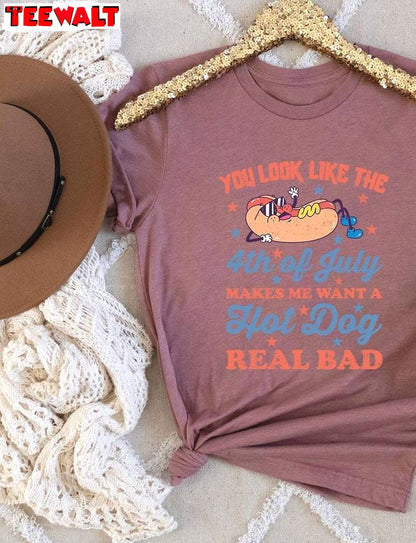 Trendy Hot Dog Sweatshirt , New Rare You Look Like The 4th Of July Shirt Long Sleeve