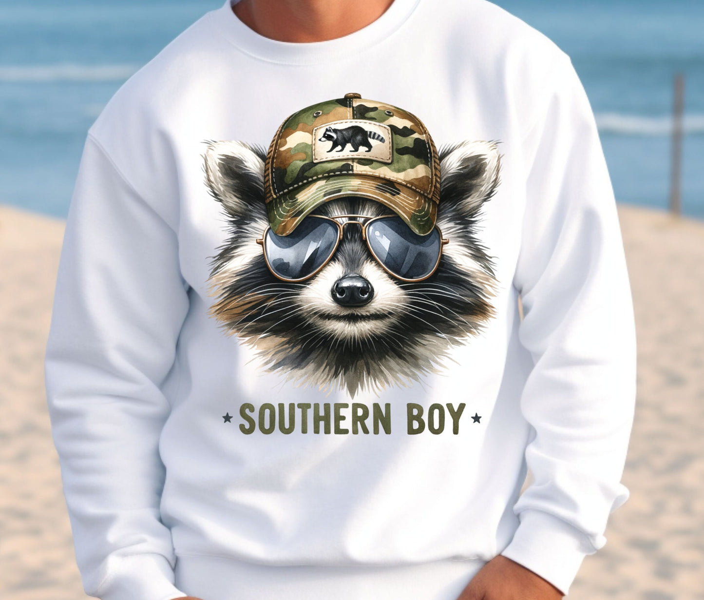 Southern Boy Retro Raccoon Camouflage T-Shirt Design Dtf