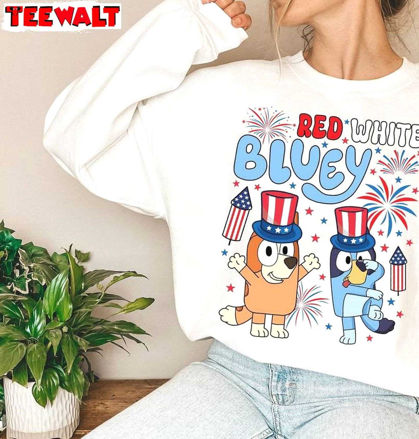 Cool Design Red White And Bluey Shirt, Limited America Short Sleeve Crewneck