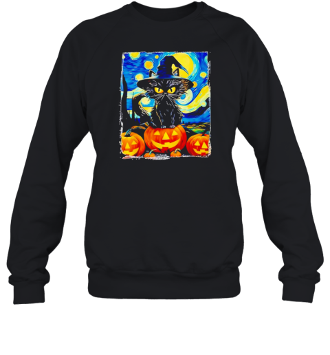 Halloween Black Cat Van Gogh The Starry Night T-Shirt