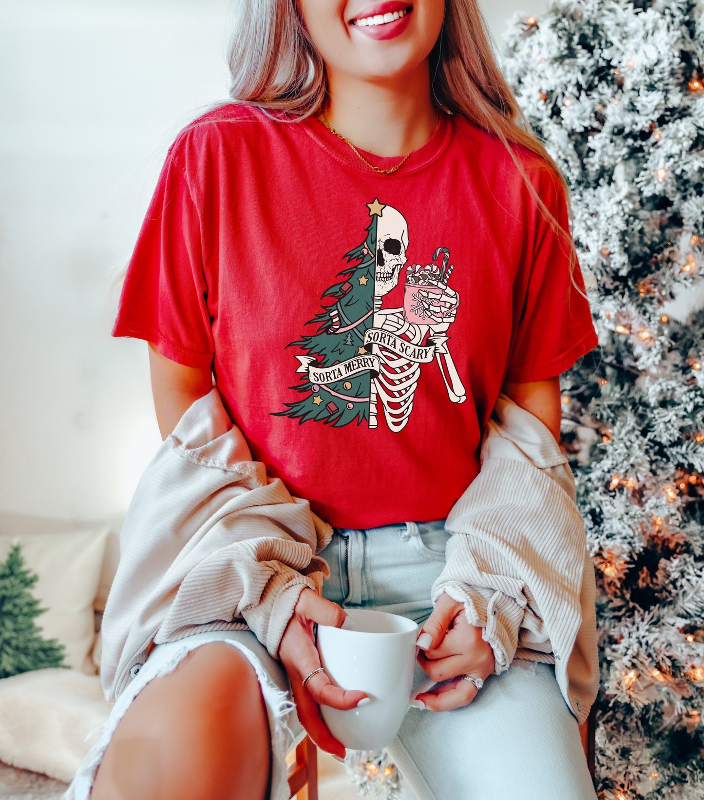 Sorta Merry Sorta Scary Christmas Skeleton Shirt Funny Tee