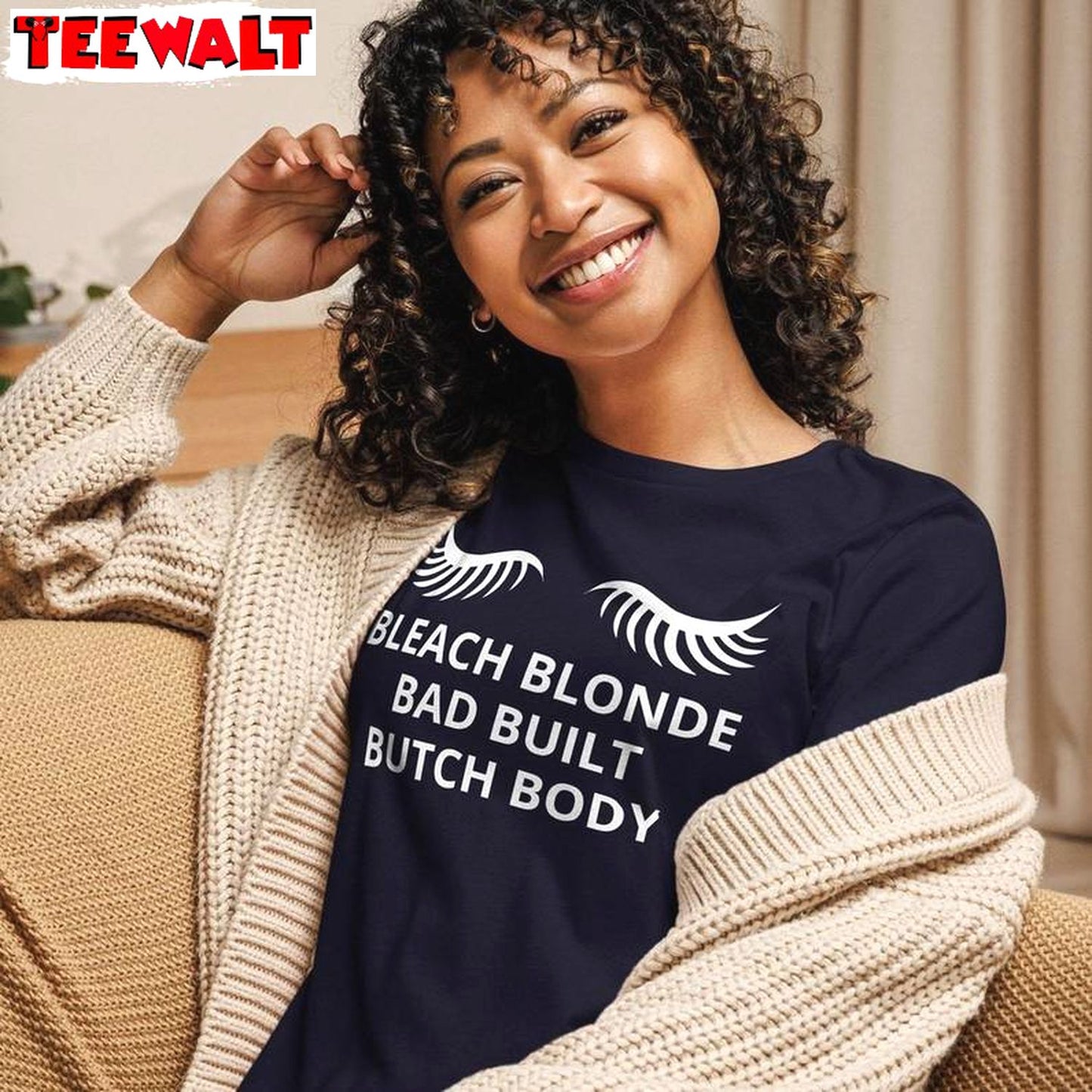 Cool Design Lashes Relaxed T Shirt, Comfort Bleach Blonde Bad Built Butch Body