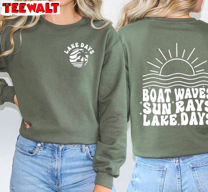 Limited Boat Waves Sun Rays Lake Days Shirt, Modern Boat Trip Crewneck Long Sleeve