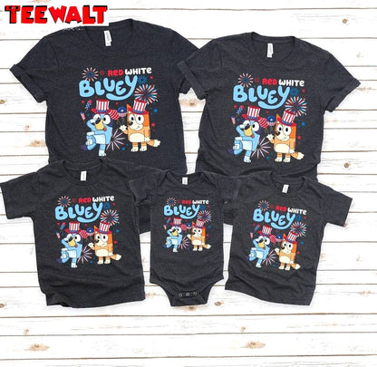 Funny Bluey 4th Of July Short Sleeve , New Rare Red White And Bluey Shirt Crewneck