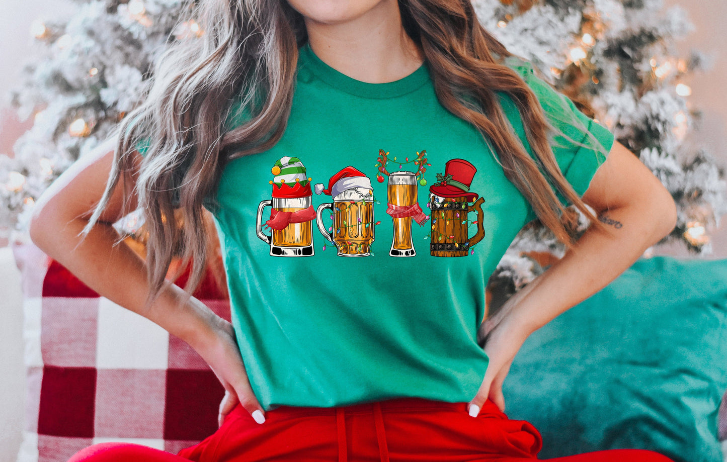 Christmas Beers Tee With Santa & Lights Design