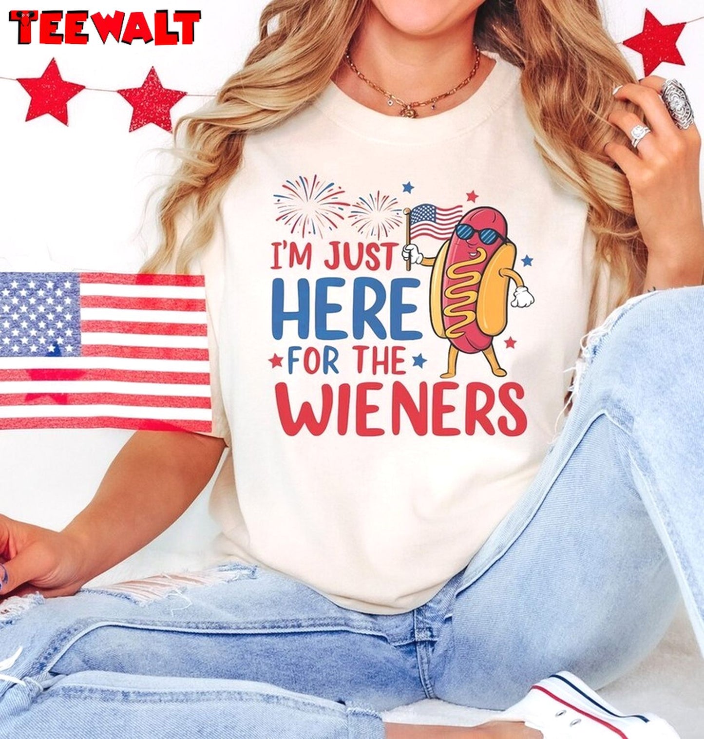 Funny Hot Dog Independence Short Sleeve , Trendy Just Here For The Wieners Shirt Crewneck