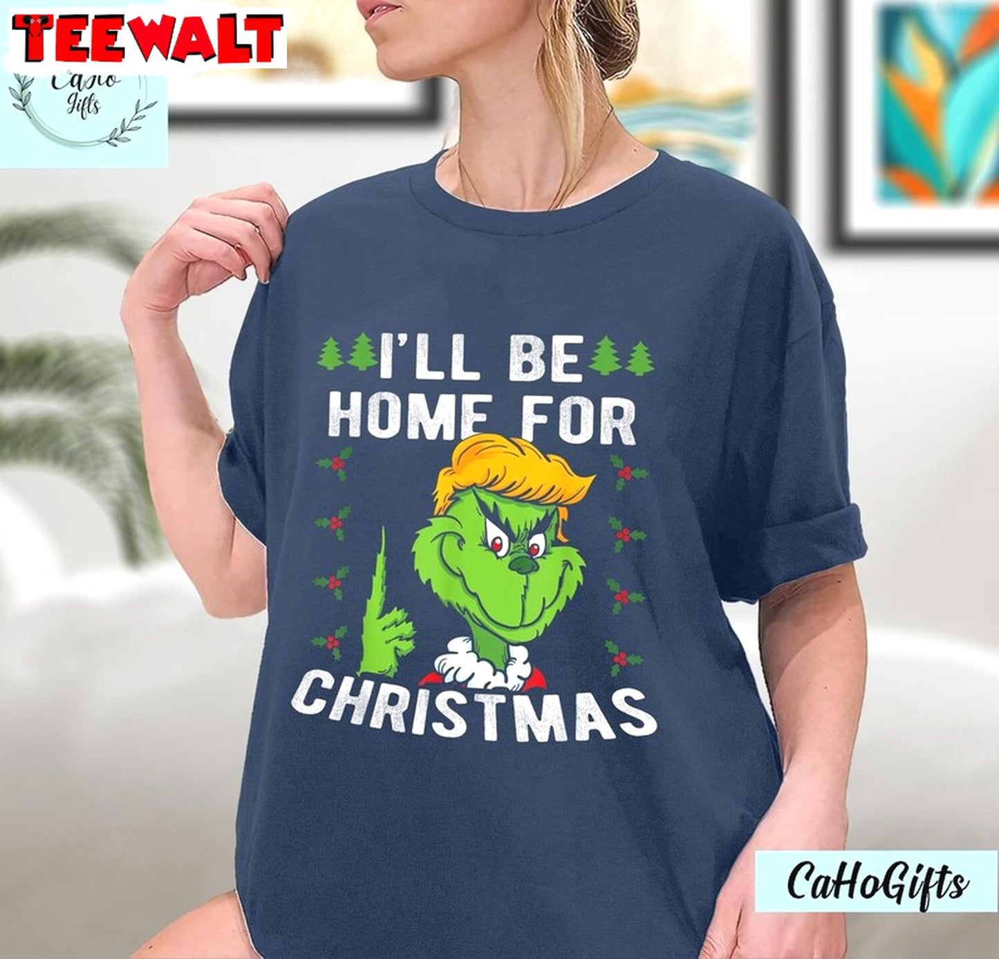 I Ll Be Home For Christmas Funny Trump 2024, Xmas Grinch Pajamas T Shirt