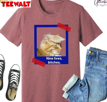 Trendy Nine Lives Bitches Shirt, Neutral Bulletproof Trump Tee Tops Sweater