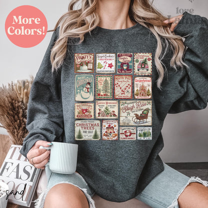 Vintage Christmas Sweatshirt, Santa Claus Tree & Stamps