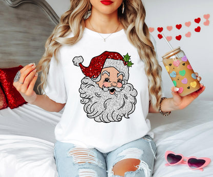 Faux Sequin Glitter Santa Tee, Retro Christmas Sweatshirt