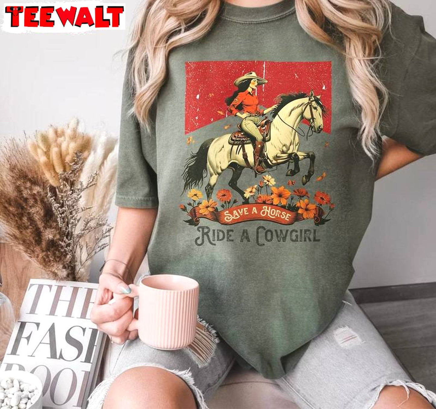 Funny Save A Horse Ride A Cowgirl Shirt, Trendy Crewneck Long Sleeve For Women