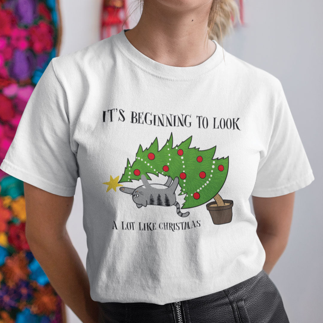 Cat Pushing Christmas Tree Shirt It's  Beginning To Look A Lot Like Christmas