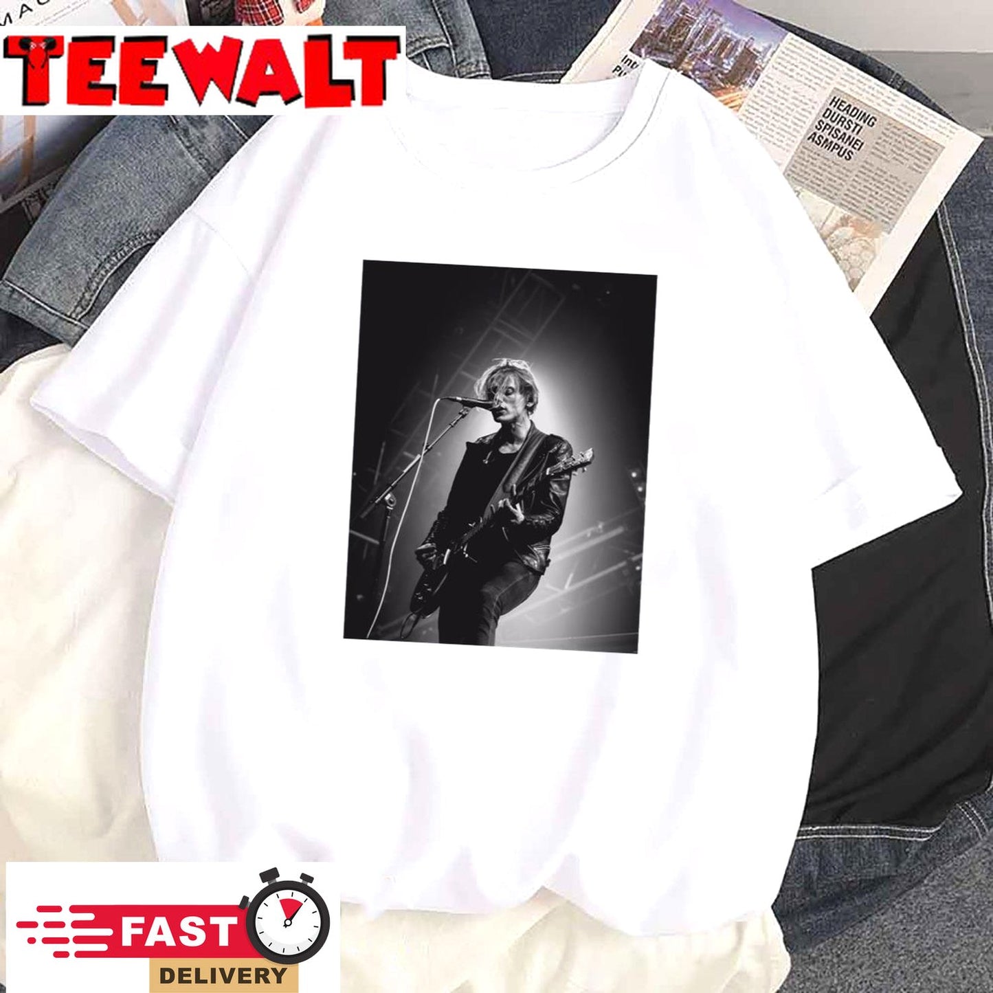 Jamie Campbell Bower Playing Guitar Black and White Poster Canvas Unisex T-Shirt