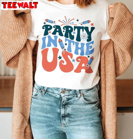 Cool Design Party In The Usa Shirt, Groovy Memorial Day Crewneck Long Sleeve