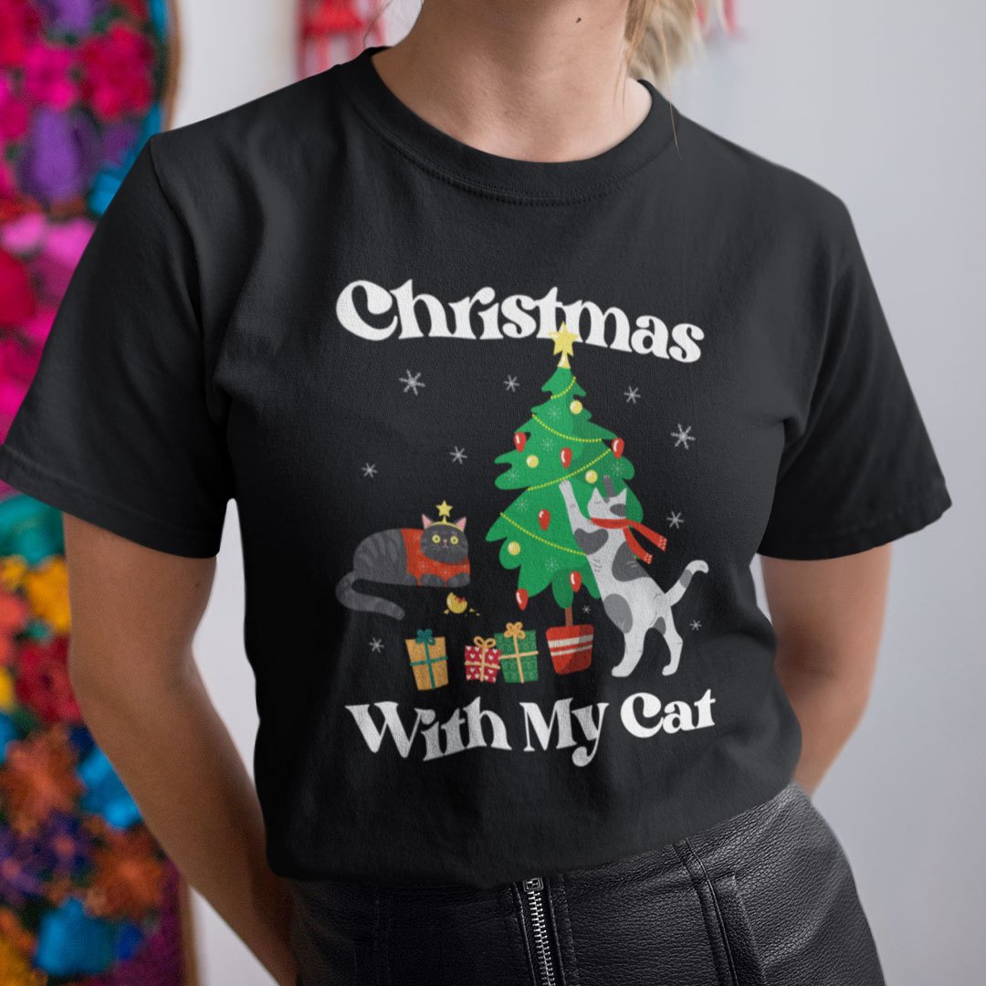 Cat Pushing Christmas Tree Shirt Cat Christmas With My Cat