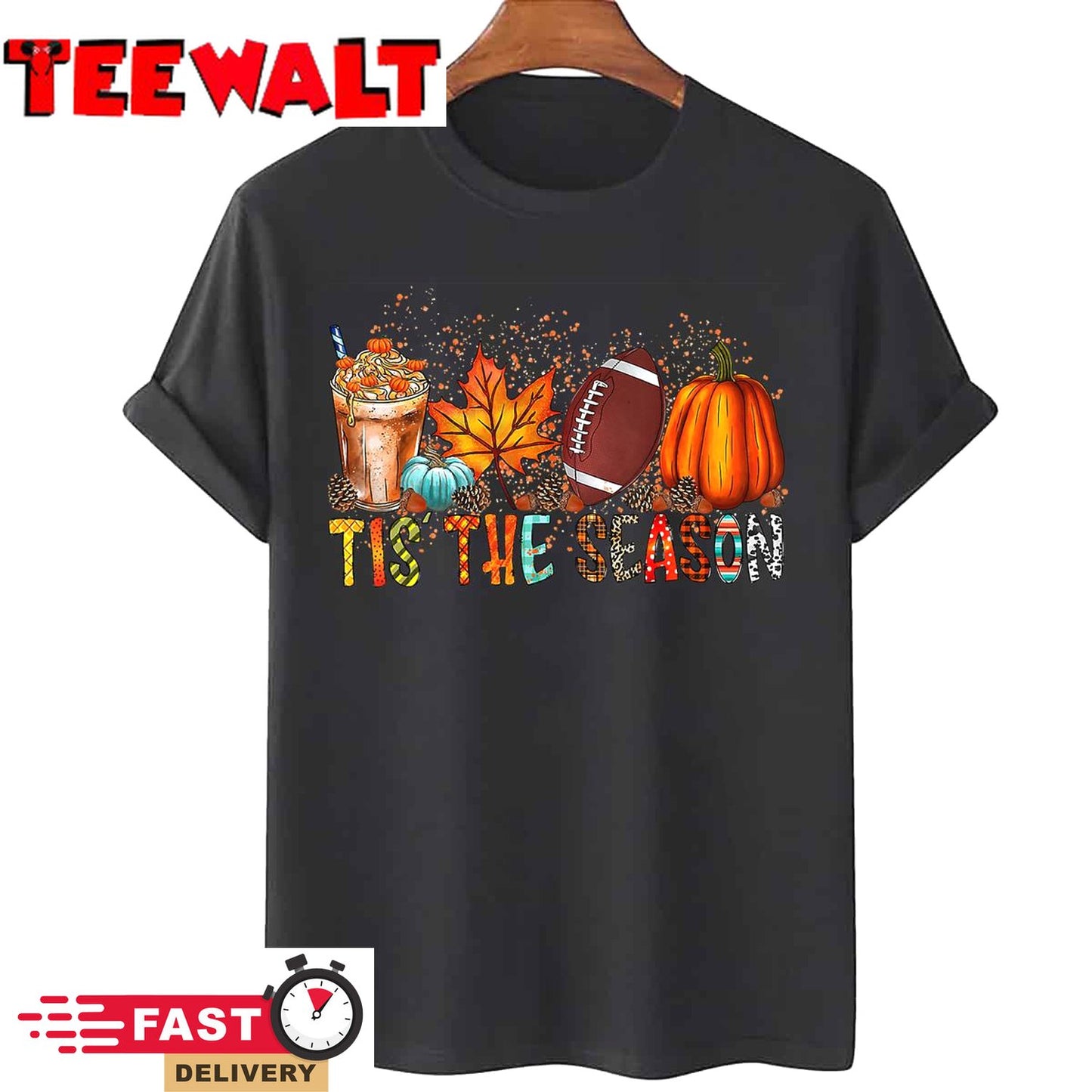 Tis' The Season Leopard Pumpkin Football Halloween Fall T-Shirt