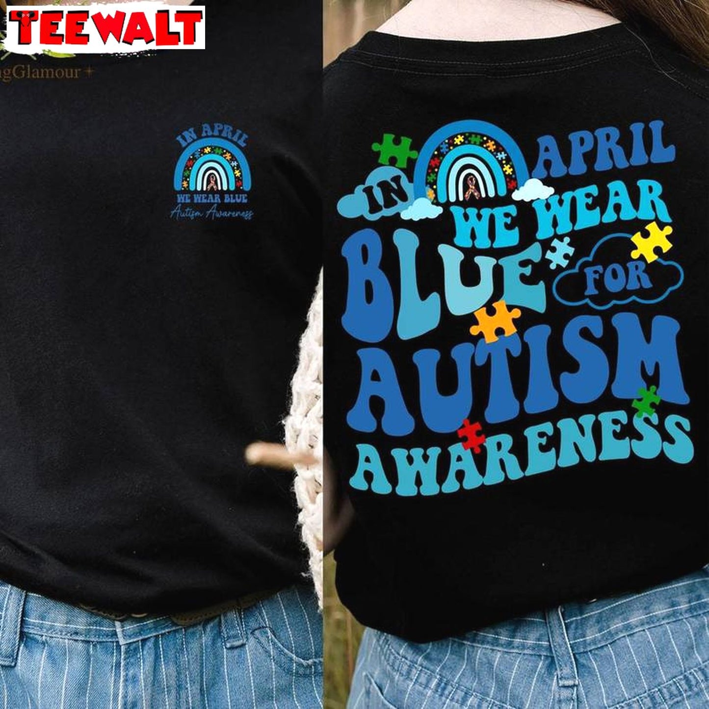 In April We Wear Blue For Autism Awareness Shirt, Colorful Short Sleeve T-shirt