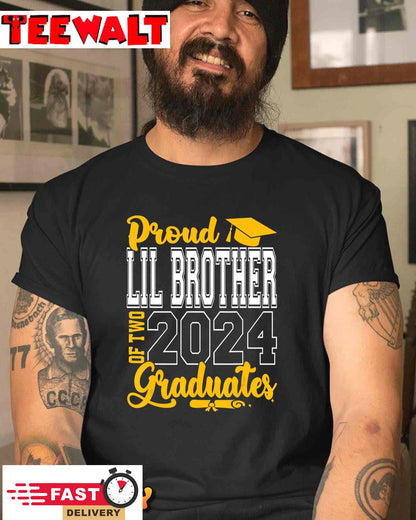 Proud Lil Brother of Two 2024 Graduates Funny Class of 24 T-Shirt