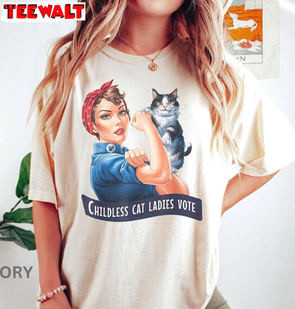 Strong Childless Cat Lady Shirt, Vote 2024 Feminist Long Sleeve Tank Top