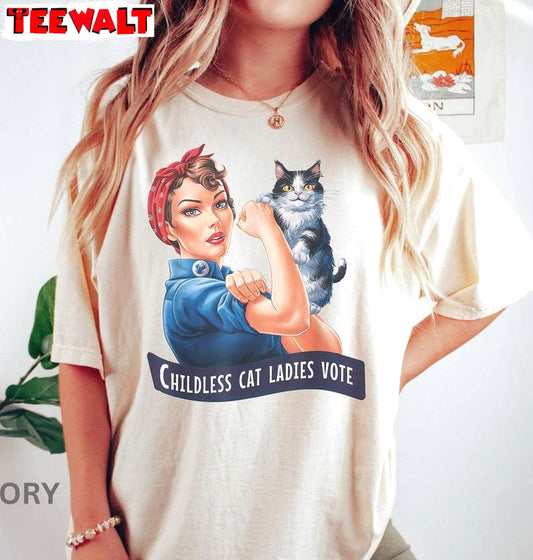 Strong Childless Cat Lady Shirt, Vote 2024 Feminist Long Sleeve Tank Top