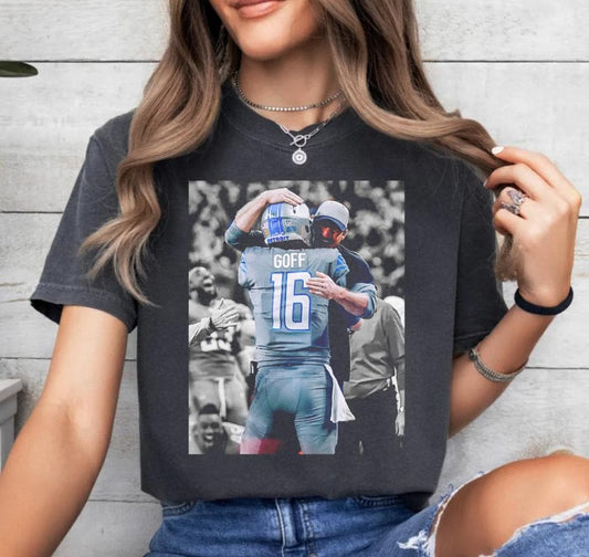 Vintage Dan Campbell & Jared Goff Hugging Football Tee