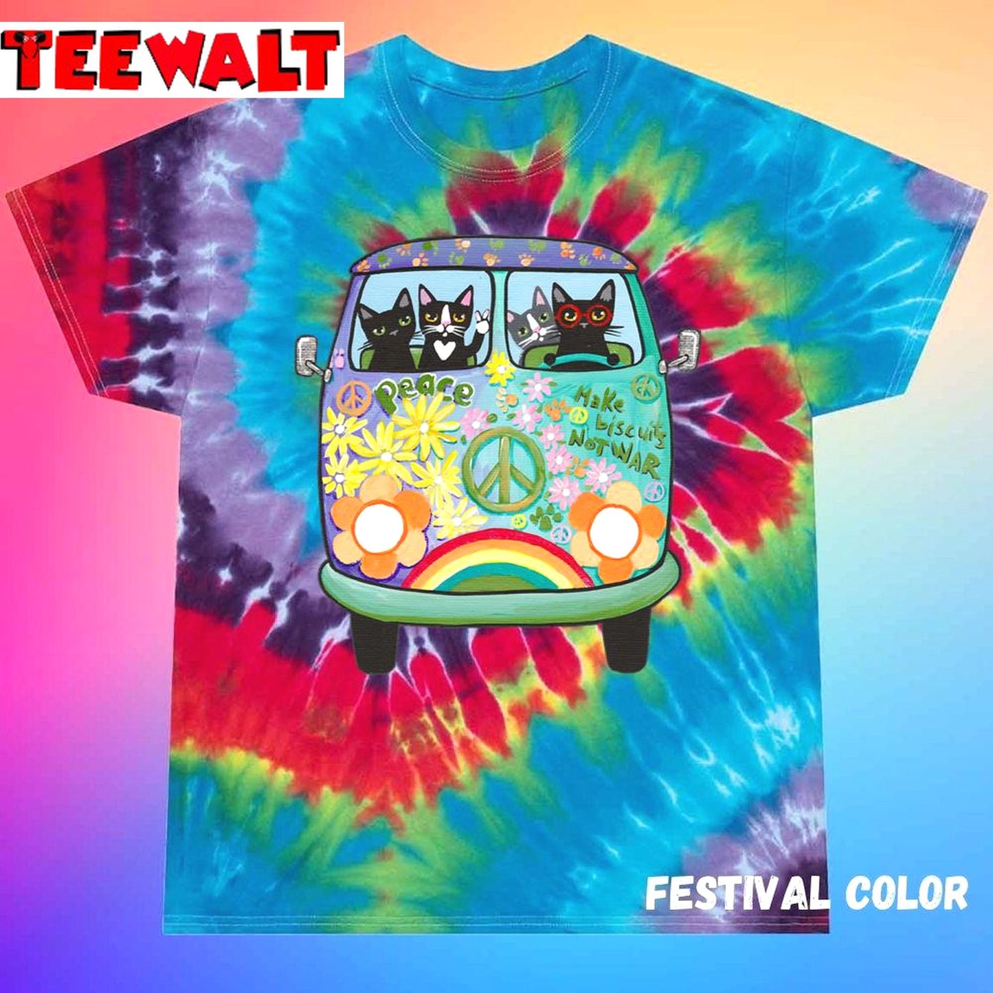 Peace And Love Hippie Road Trip Cats Unisex Tie Dye Tee