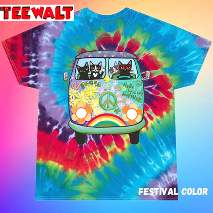 Peace And Love Hippie Road Trip Cats Unisex Tie Dye Tee