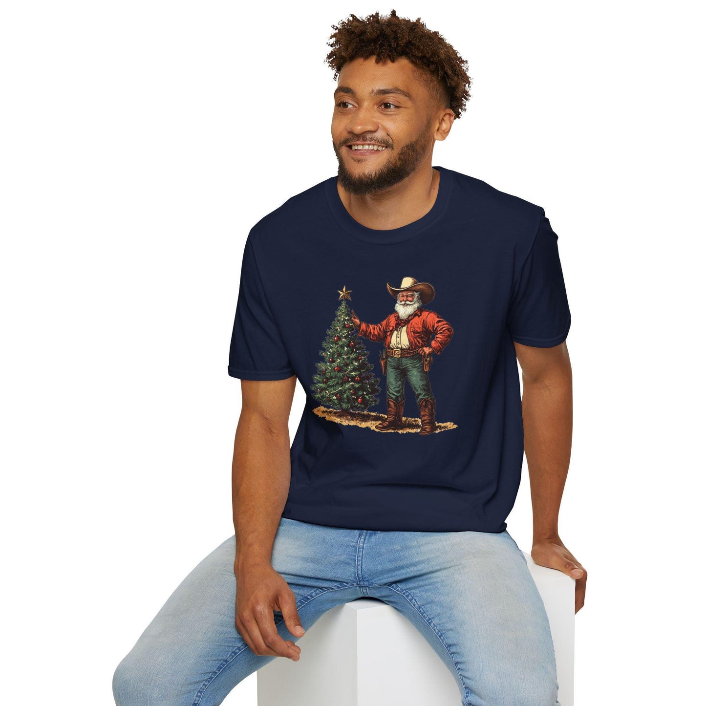 Vintage Santa Cowboy Tee, Xmas Party Shirt With Tree