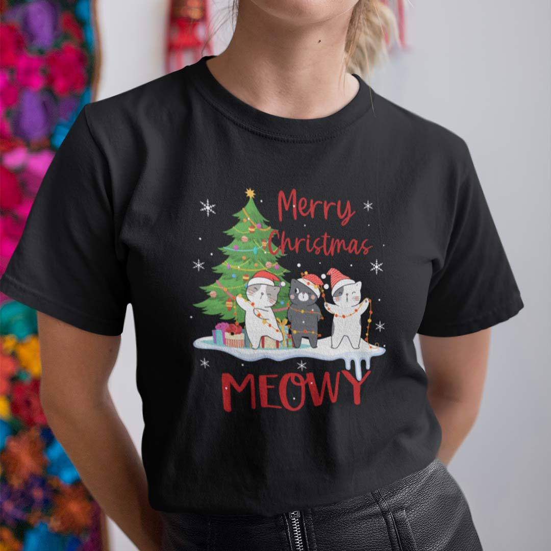 Cat Pushing Christmas Tree Shirt Merry Christmas Meowy