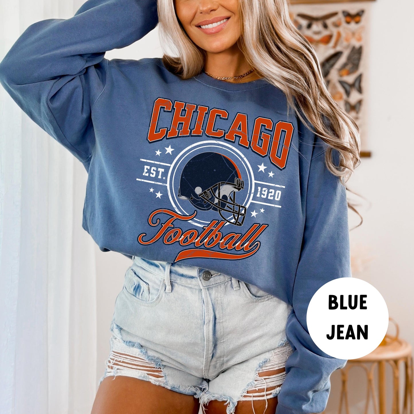 Comfort Colors Chicago Football Sweatshirt - Retro Bear Football Crewneck