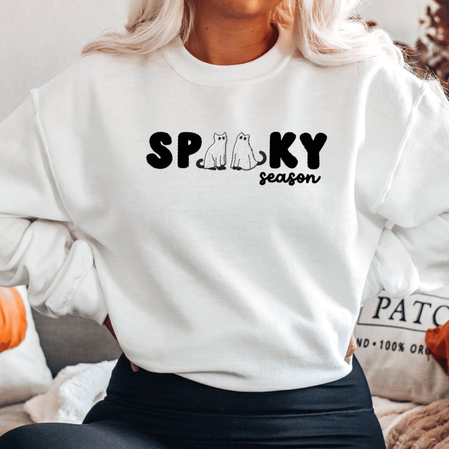 Embroidered Ghost Cats Halloween Sweatshirt For Spooky Season Fun